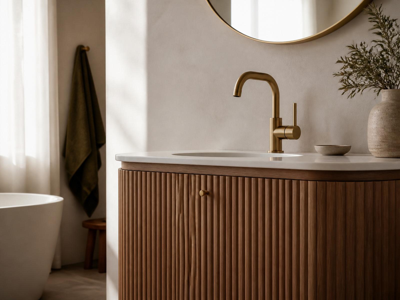 Fluted oak vanity with brushed brass basin mixer and warm stone top